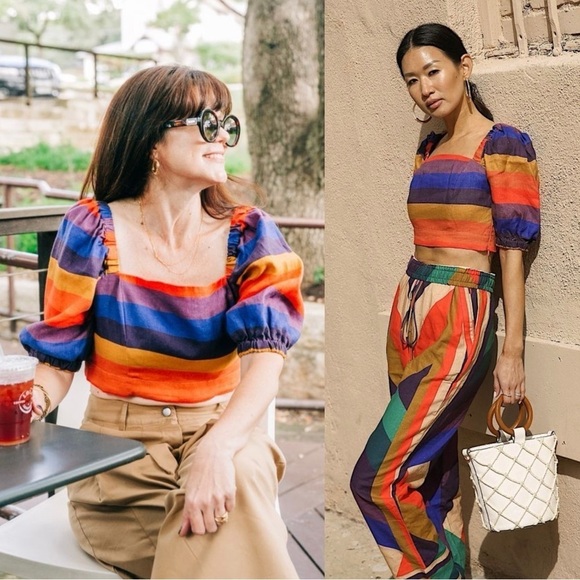 FARM RIO Linen Rainbow Striped Square Neck Smocked Puff Short Sleeve Crop Top XS - Picture 2 of 13